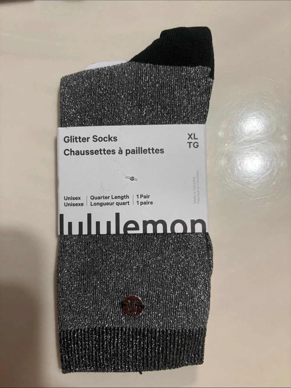 New Lululemon Black Silver Glitter Quarter Unisex Socks Size XL